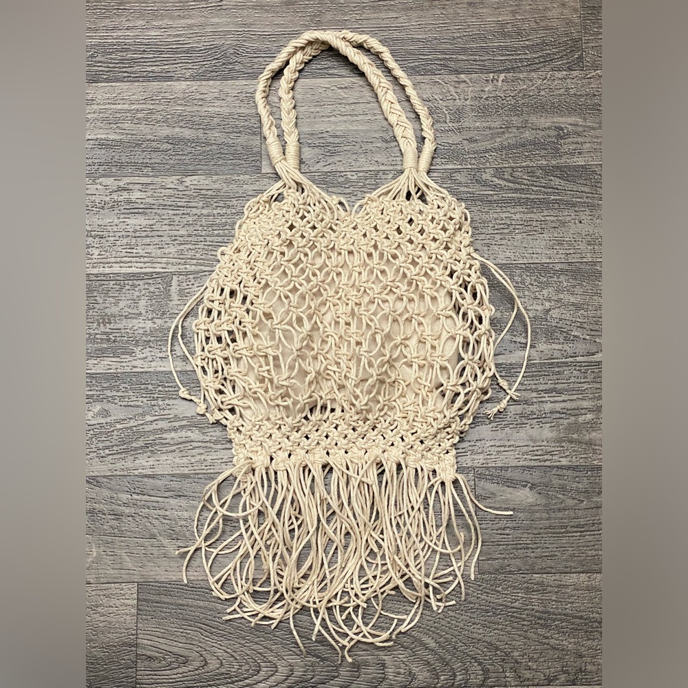 Macrame Market, Hand Bag, wth braided shoulder straps, fringe, and canvas lining